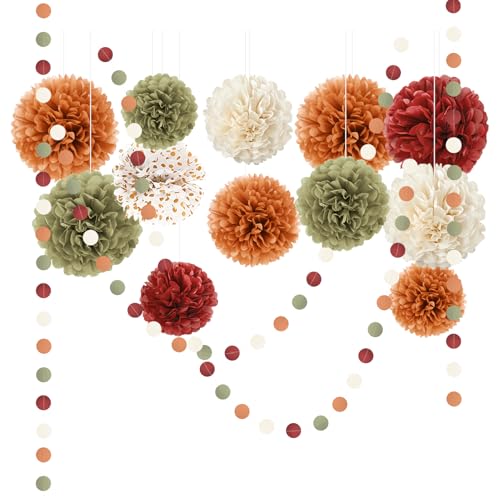 NICROLANDEE Fall Wedding Decorations - 15 PCS Pumpkin Orange Sage Green Ivory Tissue Pom Poms Decor, Dots Paper Garland for Thanksgiving, Baby Shower, Autumn Harvest Party Supplies