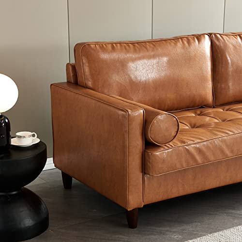 Harper & Bright Designs PU Leather Living Room Sofa, Mid-Century Upholstered 3-Seat Sofa Couch with 2 Pillows,Hidden Storage Space and Button Tufted Seat for Home or Office (3 Seat, Brown)