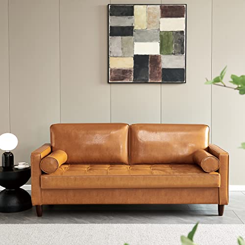 Harper & Bright Designs PU Leather Living Room Sofa, Mid-Century Upholstered 3-Seat Sofa Couch with 2 Pillows,Hidden Storage Space and Button Tufted Seat for Home or Office (3 Seat, Brown)