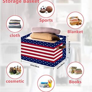 Storage Bins Large Storage Basket,Independence Day USA Flag Star Collapsible Storage Bins with Handle,Red White White Stripe Blue Storage Baskets Cube Organizer for Shelves Closet Nursery 1PC