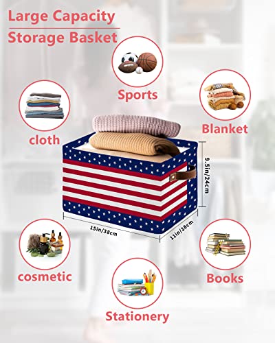 Storage Bins Large Storage Basket,Independence Day USA Flag Star Collapsible Storage Bins with Handle,Red White White Stripe Blue Storage Baskets Cube Organizer for Shelves Closet Nursery 1PC