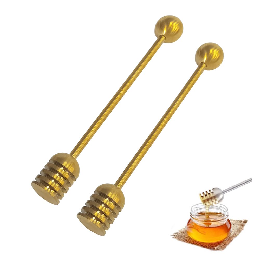 Alunsito Stainless Steel Honey Dipper Stick, 6.3 Inch Honey Wand Server, Removable Honeycomb Stick for Honey Pot Dispense Honey, Wedding Party Favors, 2 Pieces, Gold