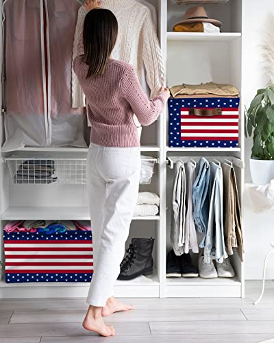 Storage Bins Large Storage Basket,Independence Day USA Flag Star Collapsible Storage Bins with Handle,Red White White Stripe Blue Storage Baskets Cube Organizer for Shelves Closet Nursery 1PC