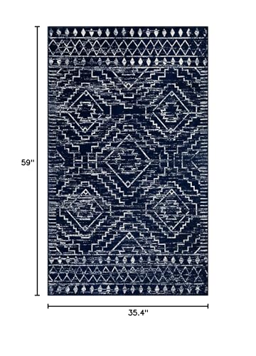 Wonnitar Moroccan Washable Rug 3x5, Blue Non-Slip Entryway Area Rug, Soft Farmhouse Bedroom Throw Mat, Geometric Low Pile Scandinavian Accent Carpet for Entry Kitchen Basement (Blue,3'x5')