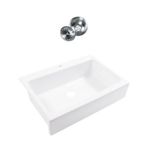 crisp white 34" single bowl quick-fit drop-in farmhouse apron kitchen sink with 1 hole and drain rectangle glossy scratch resistant