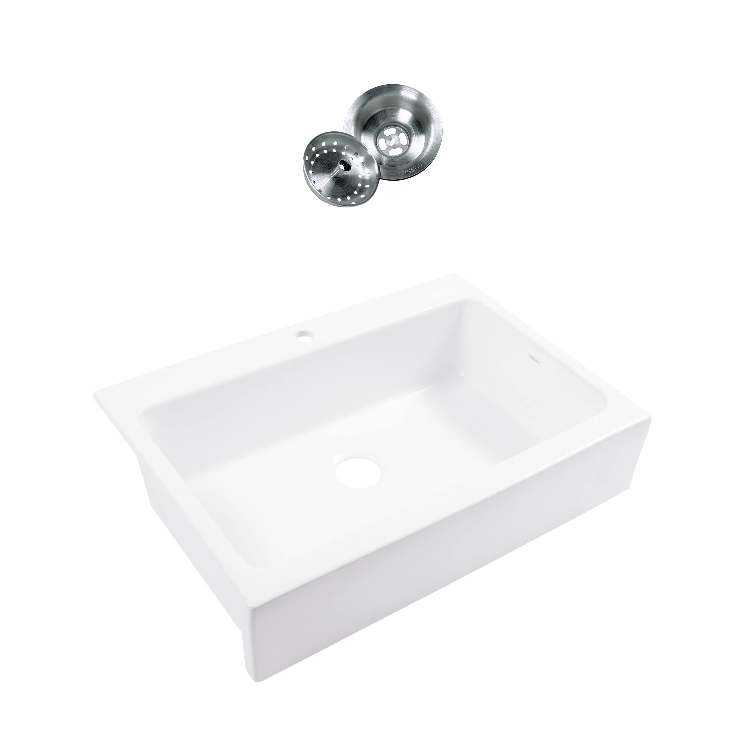 Crisp White 34" Single Bowl Quick-fit Drop-in Farmhouse Apron Kitchen Sink with 1 Hole and Drain Rectangle Glossy Scratch Resistant