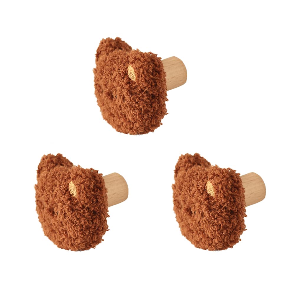 BOOMLATU Cute Bear Wall Hooks Pack of 3,Plush and Solid Wood Bear Coat Hooks with Mounting Hardware for Coat, Scarf, Hat, Towel,Key, Bag (Brown)