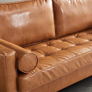 Harper & Bright Designs PU Leather Living Room Sofa, Mid-Century Upholstered 3-Seat Sofa Couch with 2 Pillows,Hidden Storage Space and Button Tufted Seat for Home or Office (3 Seat, Brown)