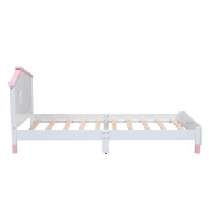 Bellemave Twin Platform Bed with Headboard, House Twin Bed with Support Slats, Wood Kids Twin Size Bed for Boys Girls, No Box Spring Needed, Bedroom Furniture (White+Pink)