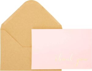 thank you cards - blank 50 pack baby pink matte finish cards with gold foiled "thank you" printed with 52 kraft envelopes 4" x 6" - for bridal shower baby shower birthday party