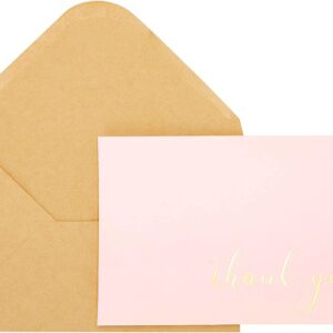 Thank You Cards - Blank 50 Pack Baby Pink Matte Finish Cards with Gold Foiled "Thank You" Printed with 52 Kraft Envelopes 4" x 6" - for Bridal Shower Baby Shower Birthday Party