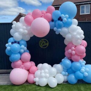 Pink and Blue Latex Balloons, 50 Pack 12 inch Pink Blue White Party Balloons with 33ft Ribbon for Gender Reveal Baby Shower Birthday Bridal Shower Wedding Party Decorations Supplies