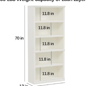 Bevfint 70 in Tall Bookcase, White Bookshelf Open Storage 5 Tier Shelves, 33 inch Wide Floor Standing Bookshelves, Book Case for Home School Library Office Bedroom Kids, White