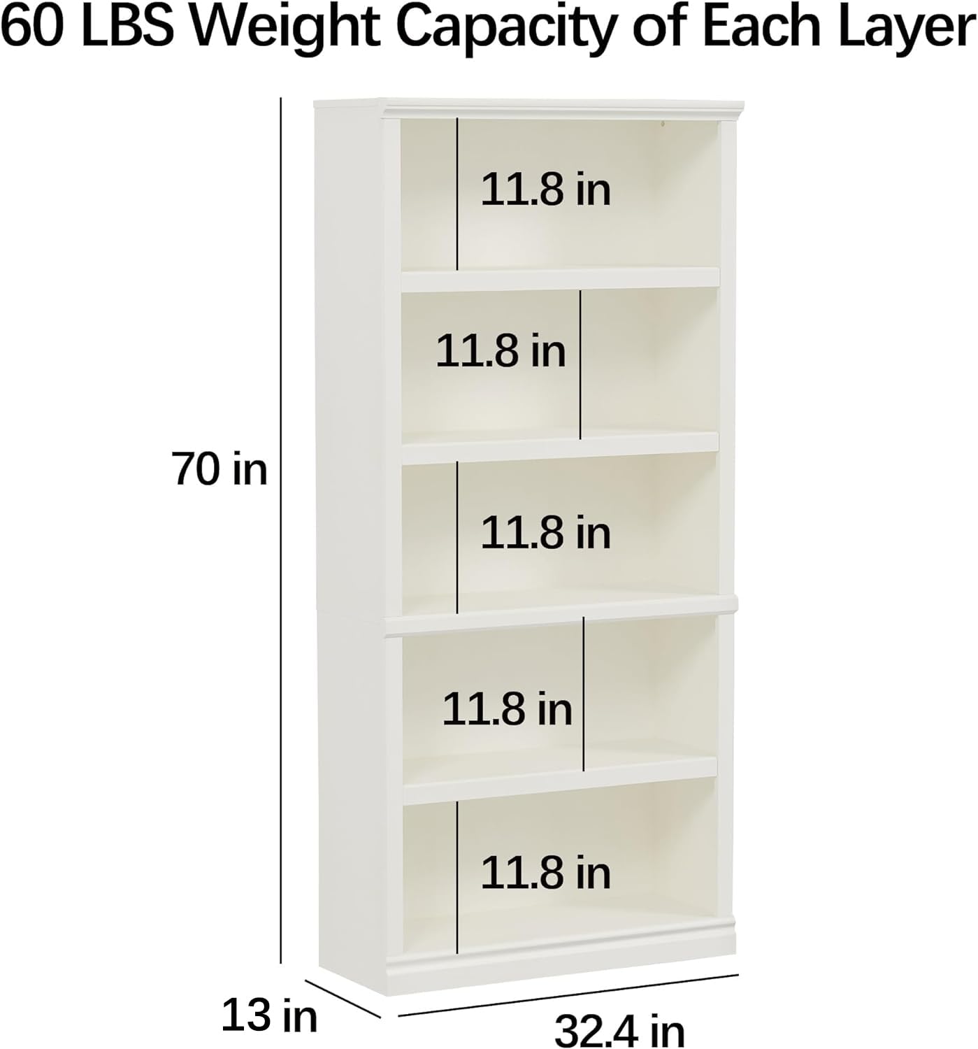 Bevfint 70 in Tall Bookcase, White Bookshelf Open Storage 5 Tier Shelves, 33 inch Wide Floor Standing Bookshelves, Book Case for Home School Library Office Bedroom Kids, White