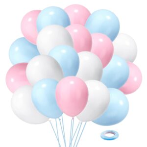 pink and blue latex balloons, 50 pack 12 inch pink blue white party balloons with 33ft ribbon for gender reveal baby shower birthday bridal shower wedding party decorations supplies