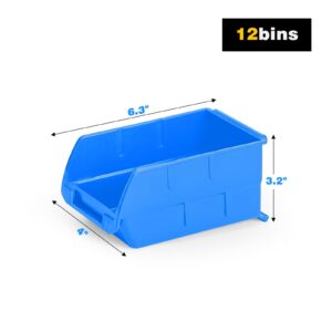 Ultrawall Wall Mounted Storage Bins, Plastic Hanging Storage Organizer Bins, Garage Tool Storage System for Screws, Nuts, Bolts, Nails, and Small Hardware Parts, 12x bins & 3 x rails, Blue