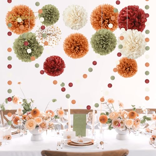 NICROLANDEE Fall Wedding Decorations - 15 PCS Pumpkin Orange Sage Green Ivory Tissue Pom Poms Decor, Dots Paper Garland for Thanksgiving, Baby Shower, Autumn Harvest Party Supplies