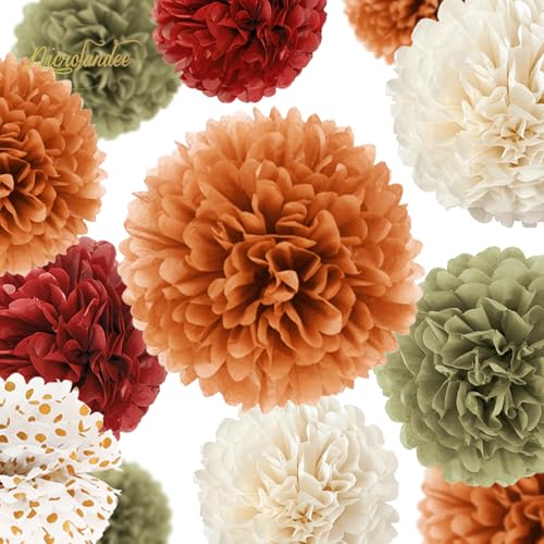 NICROLANDEE Fall Wedding Decorations - 15 PCS Pumpkin Orange Sage Green Ivory Tissue Pom Poms Decor, Dots Paper Garland for Thanksgiving, Baby Shower, Autumn Harvest Party Supplies