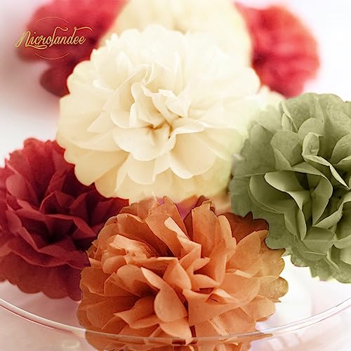 NICROLANDEE Fall Wedding Decorations - 15 PCS Pumpkin Orange Sage Green Ivory Tissue Pom Poms Decor, Dots Paper Garland for Thanksgiving, Baby Shower, Autumn Harvest Party Supplies