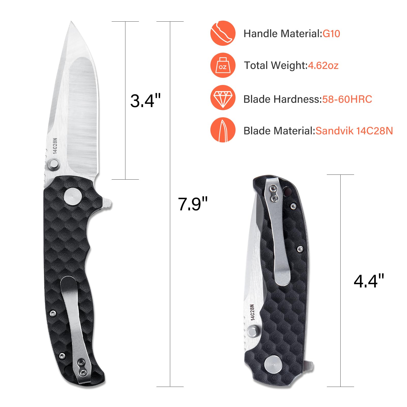 Monikala Pocket Knives & Folding Knives, 3.4" G10 Pocket Knife Set, Liner Lock Pocket Knife, 14C28N Blade, Superior Pocket Knife for Women Man, Folding Pocket Knife for Chritmas Gift