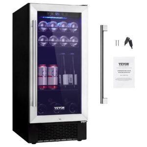 vevor 15” beverage refrigerator, 96 cans under counter built-in or freestanding beer fridge, blue led light, adjustable shelves, child lock, etl