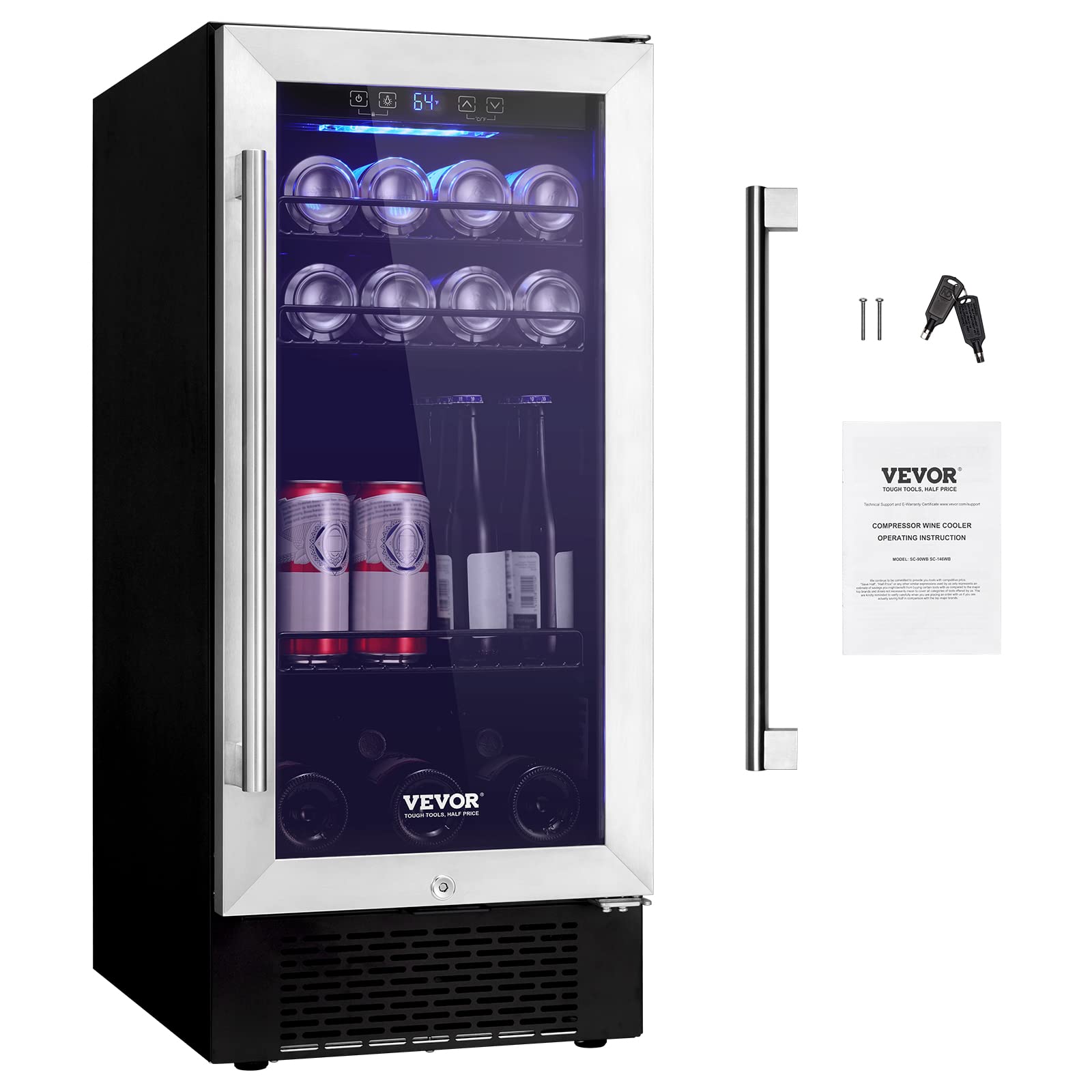 VEVOR 15” Beverage Refrigerator, 96 Cans Under Counter Built-in or Freestanding Beer Fridge, Blue LED Light, Adjustable Shelves, Child Lock, ETL