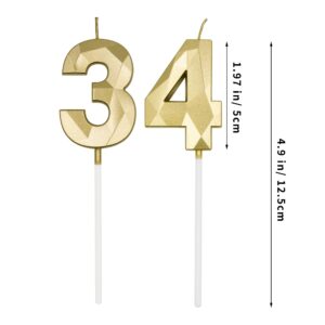 34th & 43rd Birthday Candles for Cake, Gold Number 34 43 3D Diamond Shaped Candle Birthday Decorations Party Supplies for Women or Men