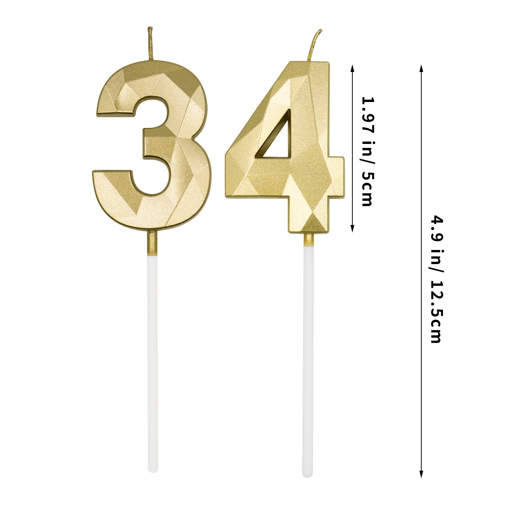 34th & 43rd Birthday Candles for Cake, Gold Number 34 43 3D Diamond Shaped Candle Birthday Decorations Party Supplies for Women or Men