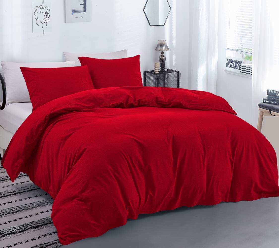 3Pcs Duvet Cover Set, Full/Queen Size, Red Solid - 100% Egyptian Cotton 800 Thread Count Duvet Cover with Zipper & Corner Ties