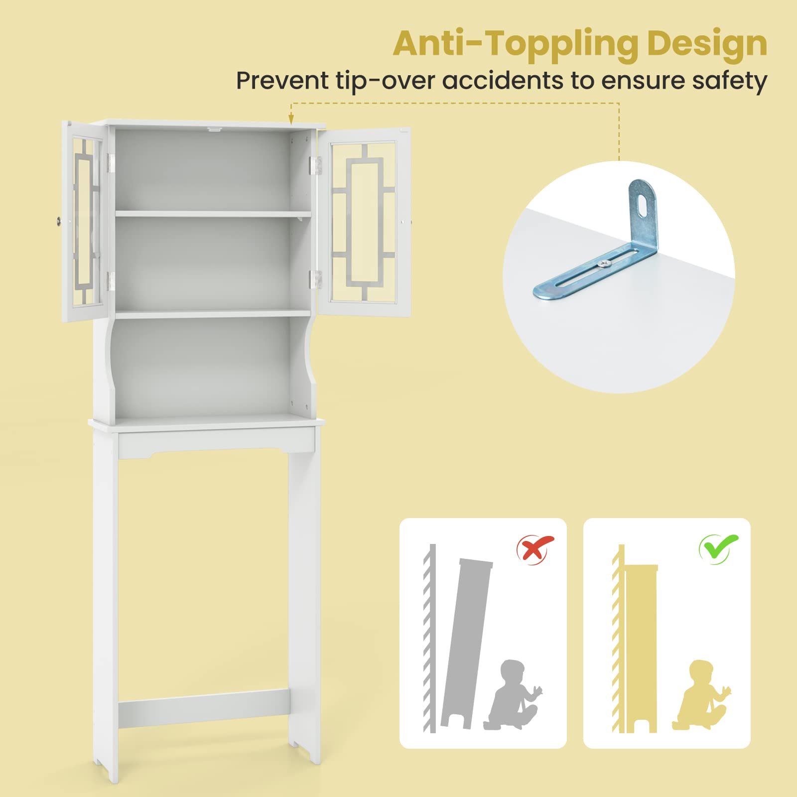 Tangkula Over The Toilet Storage Cabinet, Freestanding Over Toilet Storage Rack w/ 2 Tempered Glass Doors, Open Shelf, 3-Position Adjustable Shelf, Space-Saving Bathroom Organizer (White)