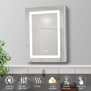 DURLDENG Lighted Medicine Cabinet with Mirror Electrical Outlet,20 X 26 Led Medicine Cabinet Mirror for Bathroom,Internal Light,Recessed Or Surface Wall Mounted, Defogger, Dimmer,Large Angle Hinge