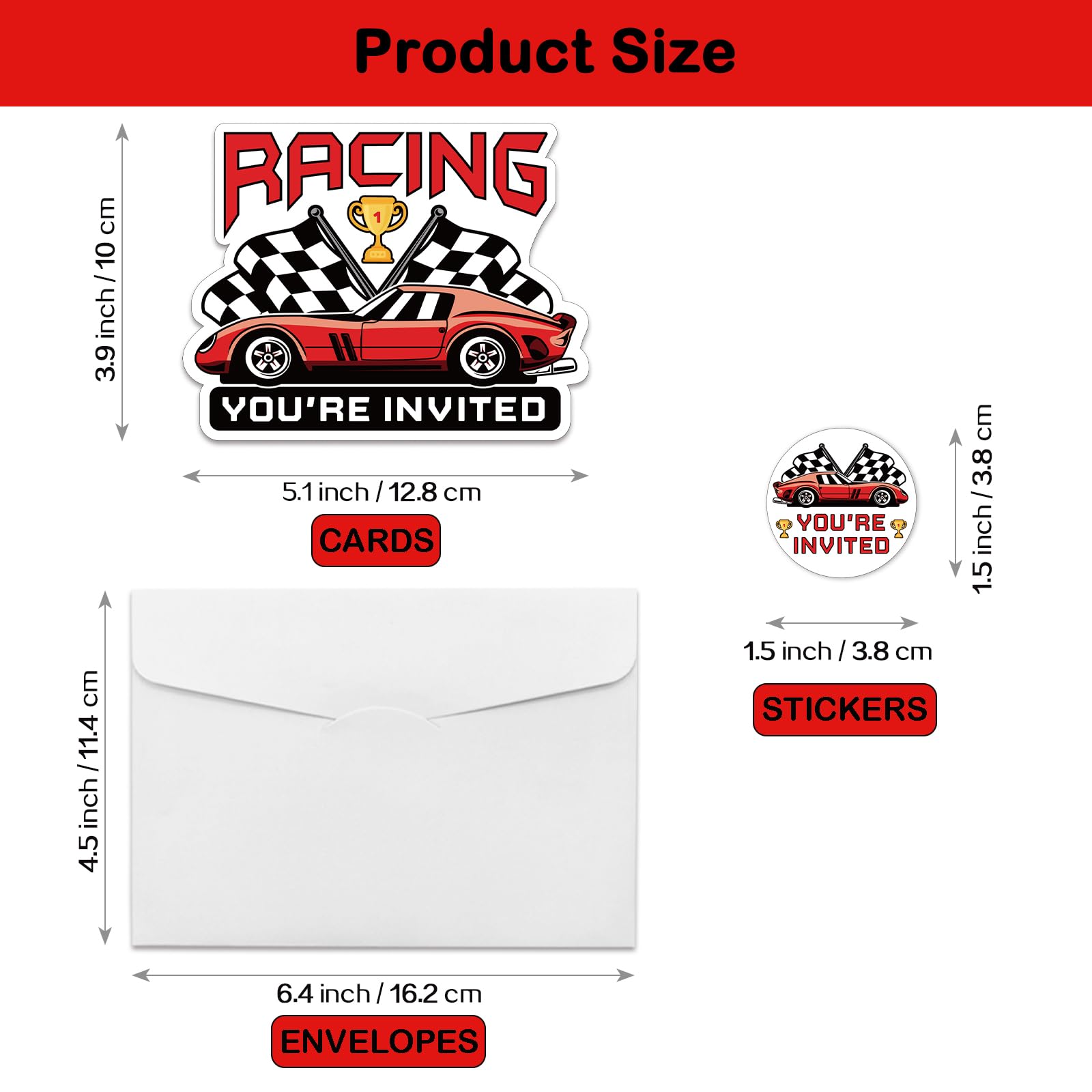 REWIDPARTY Race Car Party Invitations with Envelopes & Stickers（Set of 15） Red Racing Shaped Fill-in Invitations Car Racing Birthday Party Invite Cards Race Car Party Supplies for Kids Teens Adults