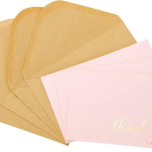 Thank You Cards - Blank 50 Pack Baby Pink Matte Finish Cards with Gold Foiled "Thank You" Printed with 52 Kraft Envelopes 4" x 6" - for Bridal Shower Baby Shower Birthday Party