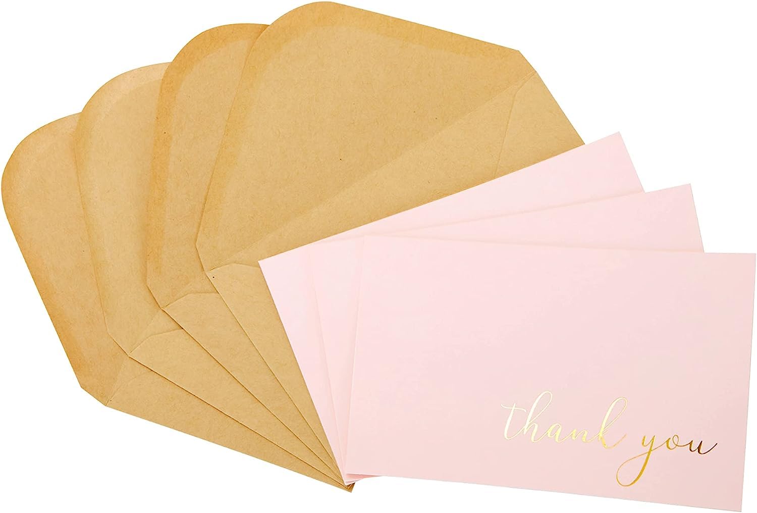 Thank You Cards - Blank 50 Pack Baby Pink Matte Finish Cards with Gold Foiled "Thank You" Printed with 52 Kraft Envelopes 4" x 6" - for Bridal Shower Baby Shower Birthday Party