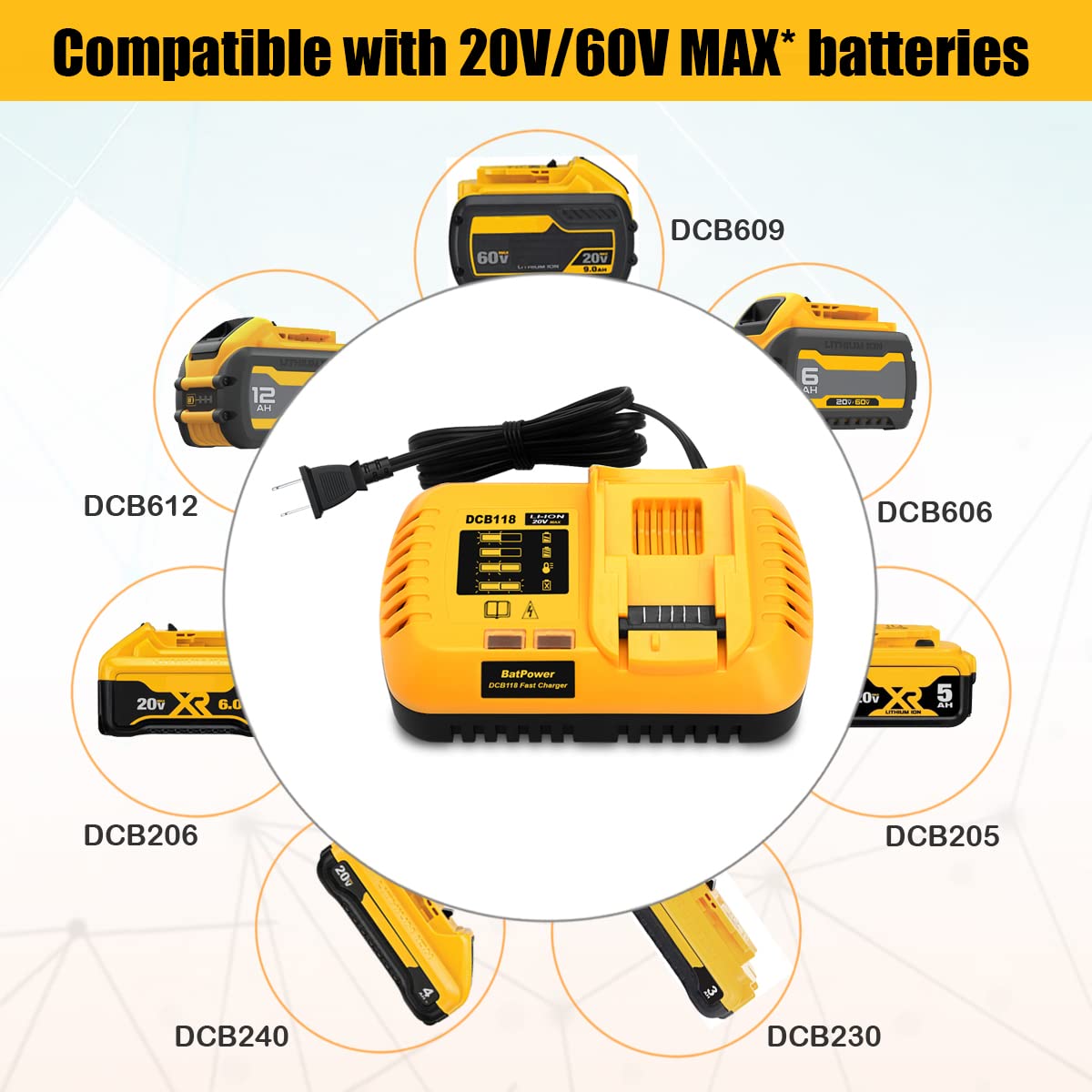 BatPower DCB118 8A 20v/60v Fast Charger Replacement for Dewalt 20v/60v Battery Fast Charger DCB118 DCB1112 Compatible with Dewalt 20v 60v Max 12Ah 9Ah 8Ah 6Ah 5Ah 4Ah Battery Rapid Charger DCB118