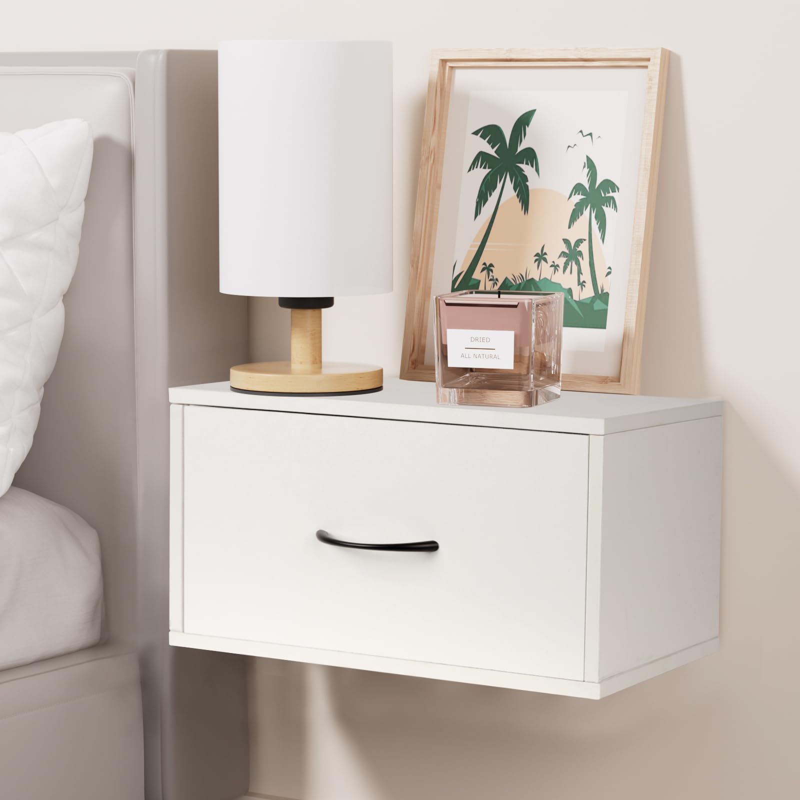 Filano Floating Nightstand Shelf with Drawer, Bedside Shelf Wall Mounted Nightstand, White Bed Side Table/Night Stand with Drawer, Small Wall Shelves for Bedroom Modern Decor