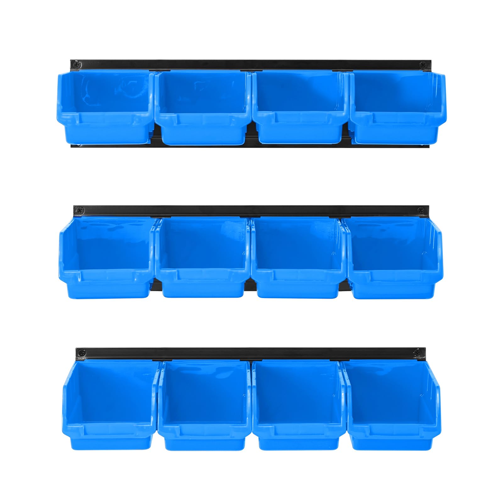 Ultrawall Wall Mounted Storage Bins, Plastic Hanging Storage Organizer Bins, Garage Tool Storage System for Screws, Nuts, Bolts, Nails, and Small Hardware Parts, 12x bins & 3 x rails, Blue