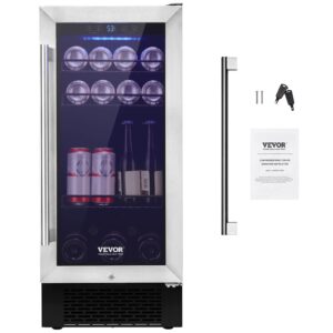 VEVOR 15” Beverage Refrigerator, 96 Cans Under Counter Built-in or Freestanding Beer Fridge, Blue LED Light, Adjustable Shelves, Child Lock, ETL