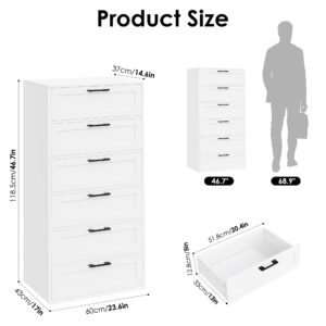 BOTLOG White 6 Drawer Dresser, Dresser for Bedroom with Trapezoidal Design, Chest of Drawers for Bedroom, Wood Tall Dresser for Closet with Large Organizer for Living Room, Hallway, Entryway, White