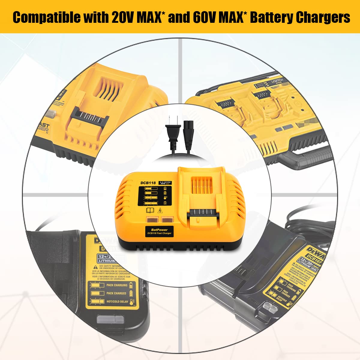 BatPower DCB118 8A 20v/60v Fast Charger Replacement for Dewalt 20v/60v Battery Fast Charger DCB118 DCB1112 Compatible with Dewalt 20v 60v Max 12Ah 9Ah 8Ah 6Ah 5Ah 4Ah Battery Rapid Charger DCB118