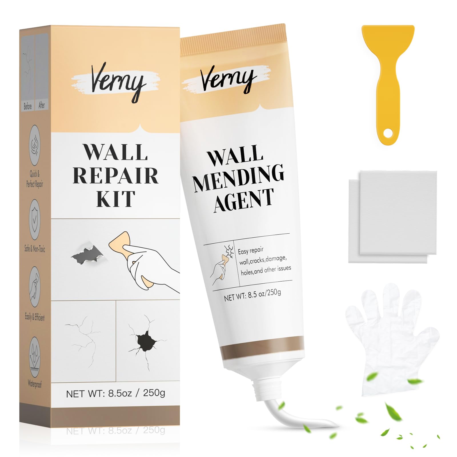 Verny Drywall Repair Kit, Spackle Wall Repair, Wall Mending Agent with Scraper, 8.5oz - Quick and Easy Solution for Filling Holes and Cracks in Home Walls, Plaster Wall and Wood Scratch Repair