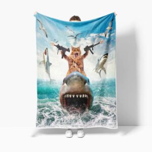 Funny Cat Throw for Kids, Farmhouse Cool Cat Riding Shark on Blue Ocean Fleece Throw Blanket Cozy Soft Lightweight Couch Sofa Bed,Blue Blankets Bedding Gifts for Girls Boys Teens Cute Throw Blanket