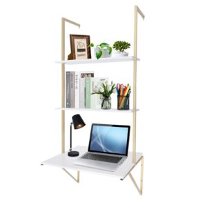 luoshaliya 3 tier wall mount desk computer ladder shelf desk with book storage shelves, computer desk for small space home office table bedroom writing study work