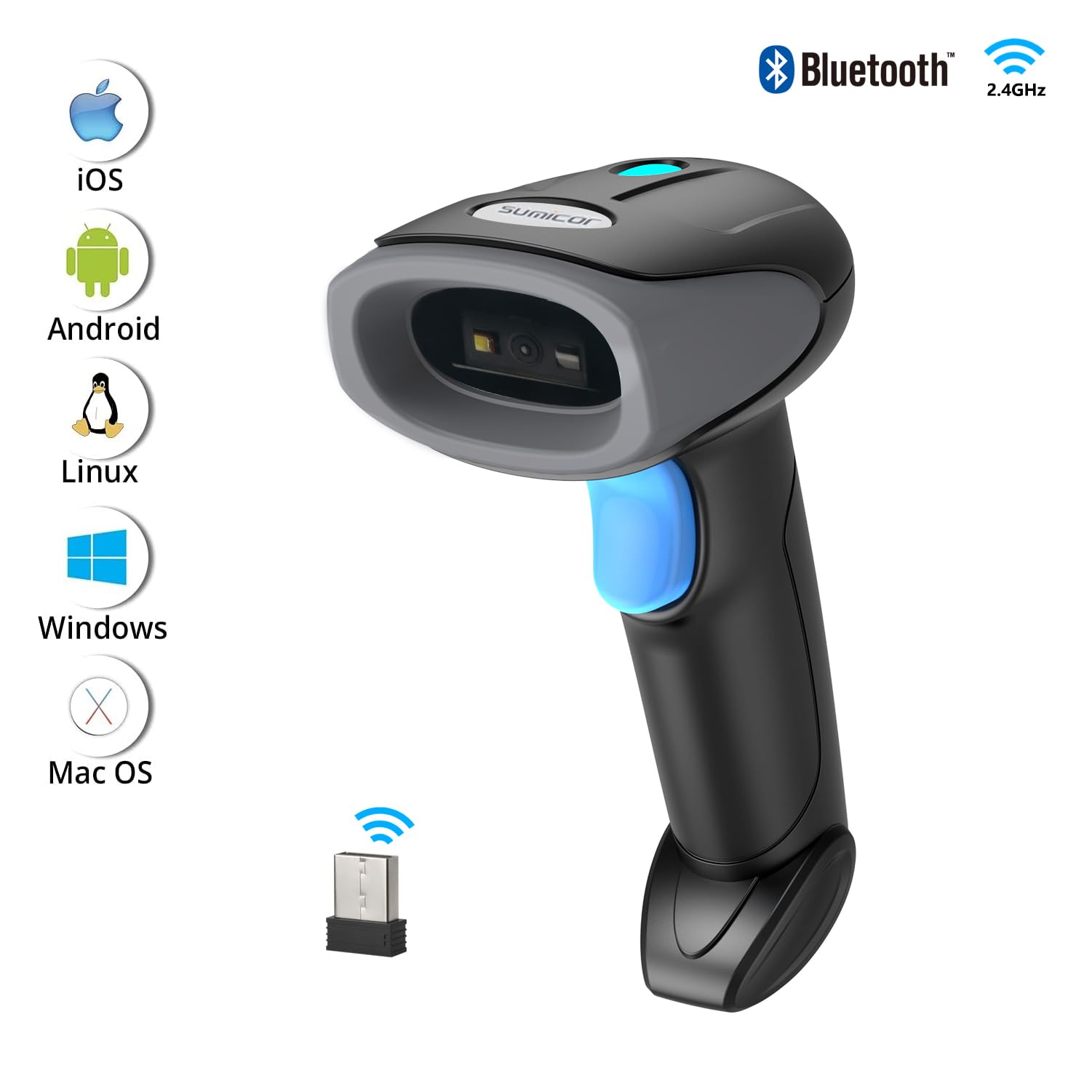 Sumicor Bluetooth Wireless Barcode Scanner with Stand, Handfrees Automatic Scanning & Manual Trigger Hand Barcode Scanner Gun, 1D 2D QR Code DM Scanner Work with Smart Phone, Tablet, PC