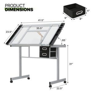 Magshion Drafting Table Artist Desk with Adjustable 65° Tilting Clear Glass Tabletop, Portable Art Desk with 2 Storage Drawers and 2 Lockable Rolling Casters for Artists Painters Student (Clear)