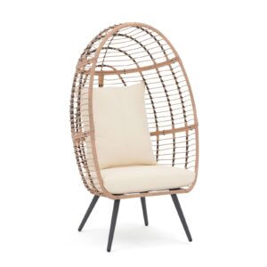 JOIVI Wicker Egg Chair, Oversized Indoor Outdoor Lounger Large Egg Basket Chair with Stand and Cushions for Patio Porch, Backyard, Living Room, Balcony (Beige Rattan, Creamy White Cushion)