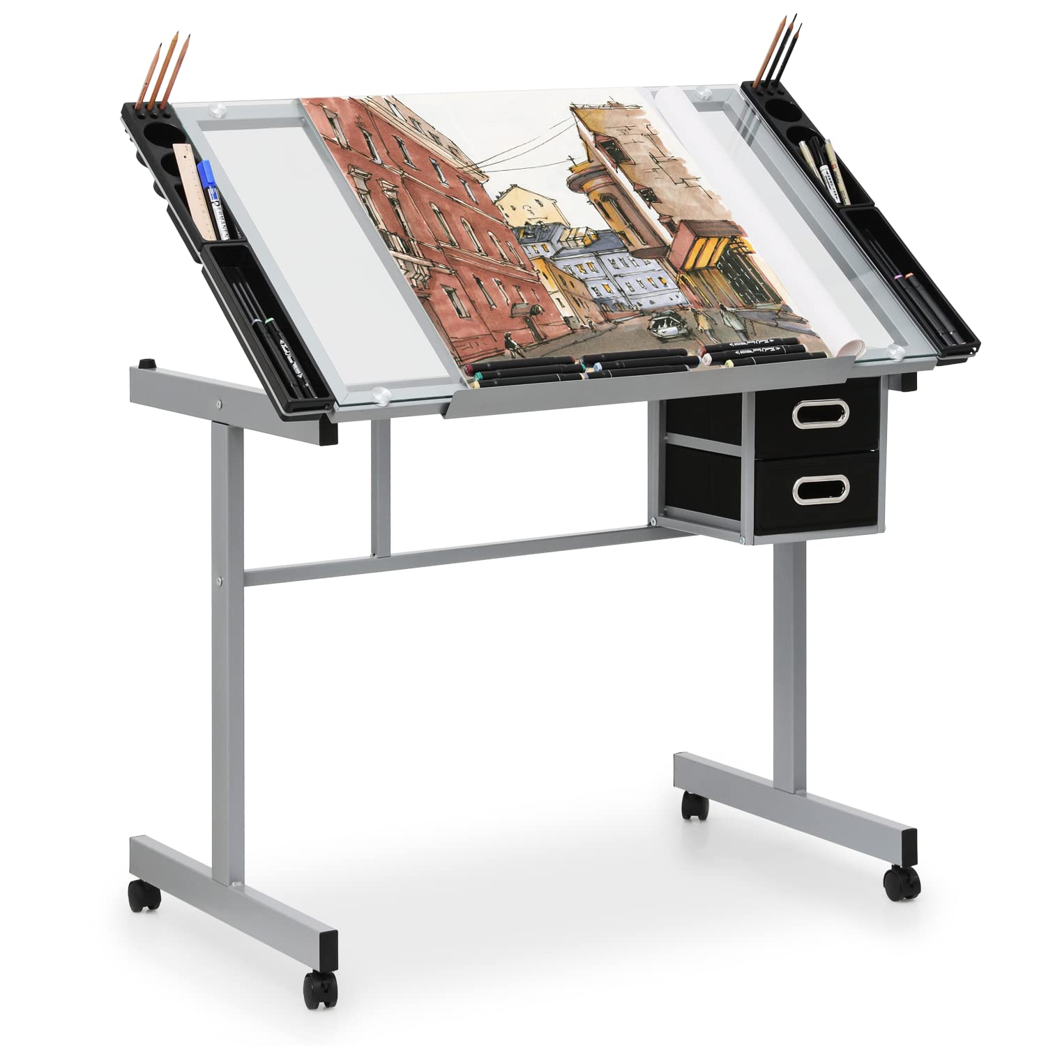 Magshion Drafting Table Artist Desk with Adjustable 65° Tilting Clear Glass Tabletop, Portable Art Desk with 2 Storage Drawers and 2 Lockable Rolling Casters for Artists Painters Student (Clear)