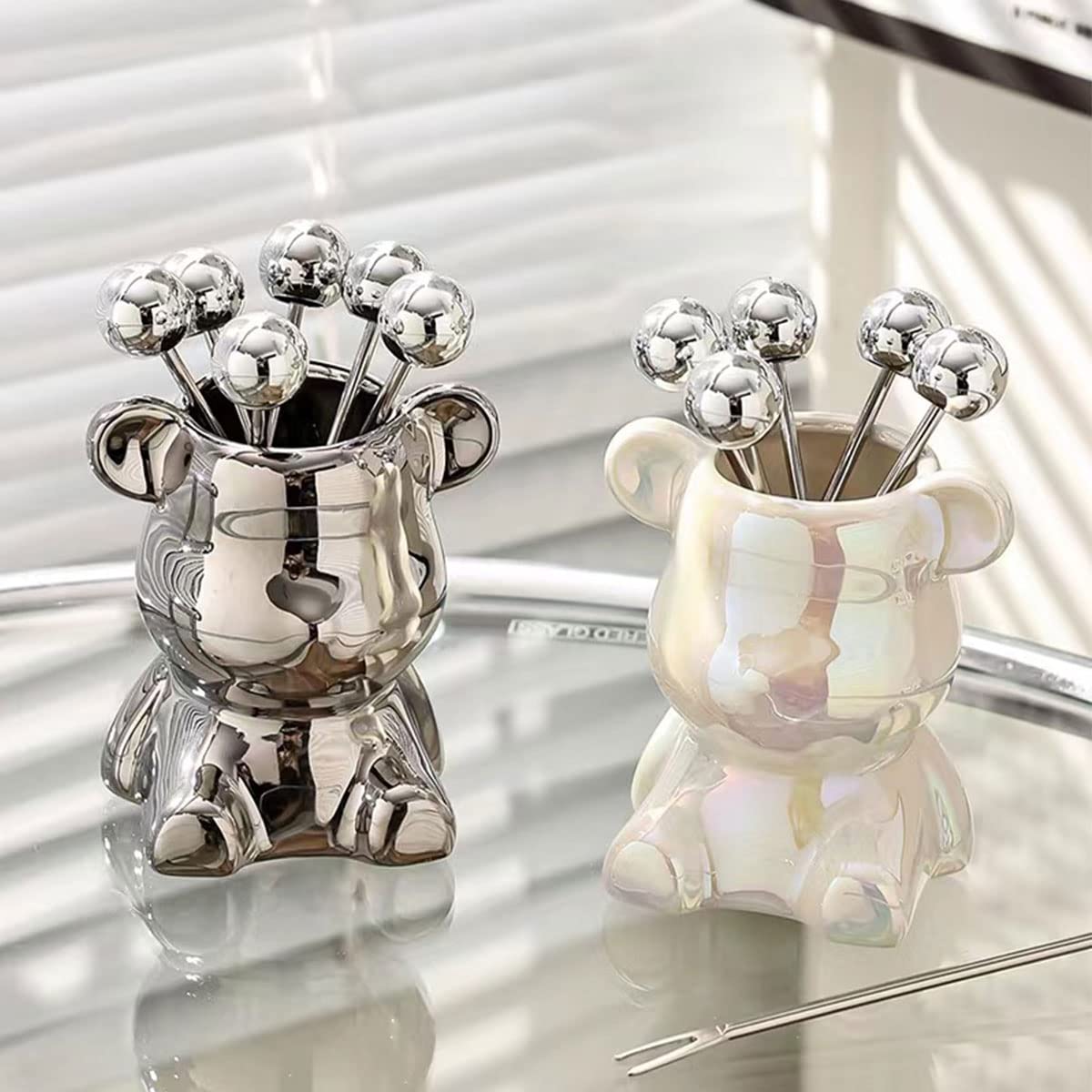 Dessert Fruit Sign Light Luxury Little Bear Fruit Fork Household Tableware Cute Fruit Fork Can Creative Storage Can (8x9, silver)