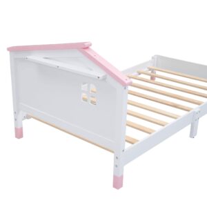 Bellemave Twin Platform Bed with Headboard, House Twin Bed with Support Slats, Wood Kids Twin Size Bed for Boys Girls, No Box Spring Needed, Bedroom Furniture (White+Pink)