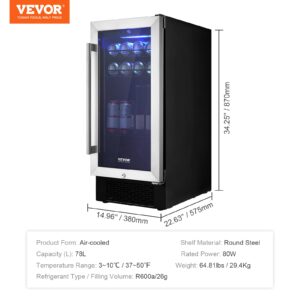 VEVOR 15” Beverage Refrigerator, 96 Cans Under Counter Built-in or Freestanding Beer Fridge, Blue LED Light, Adjustable Shelves, Child Lock, ETL